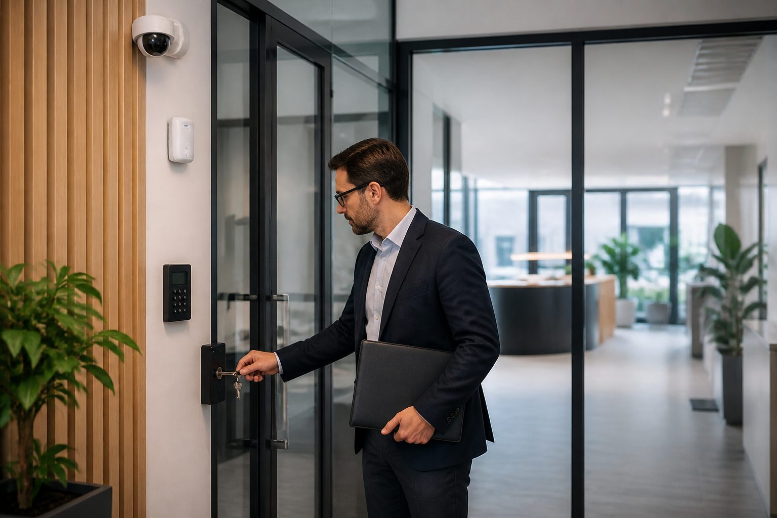 Seguridad y garantía de cobro en una oficina alquilada Gestor accediendo a una oficina moderna equipada con cámara, alarma y control de acceso